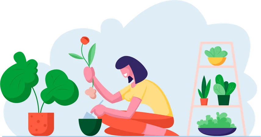 Young Woman Planting Flower To Pot In Beautiful Greenhouse Botanist Care Of Houseplant And Grow Herbs Planter Hobby Girl Caring For Plants At Home Or Garden Cartoon Flat Vector Illustration Illustration