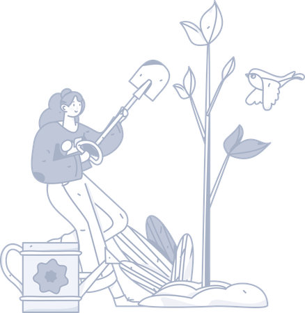 Woman planting plant while holding shovel  Illustration
