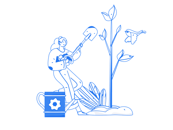 Woman planting plant while holding shovel  イラスト