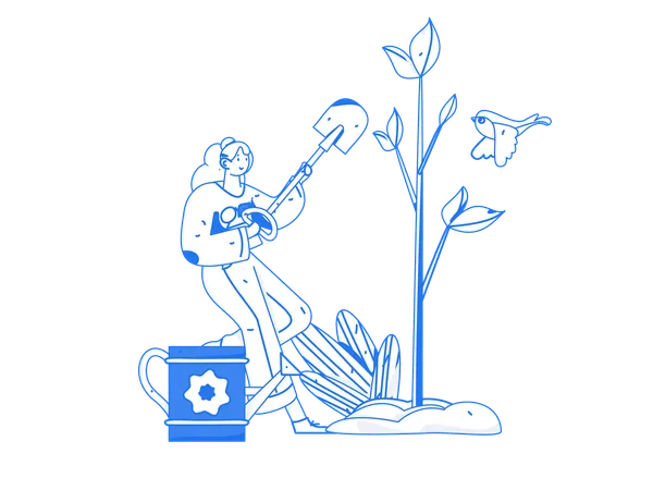 Woman planting plant while holding shovel  Illustration
