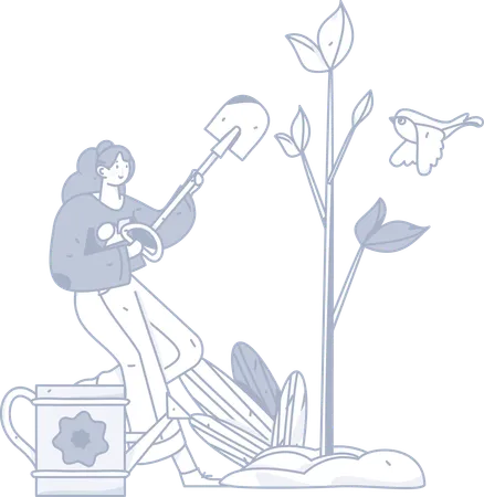 Woman planting plant while holding shovel  Illustration