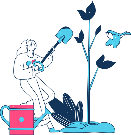 Woman planting plant while holding shovel  Illustration