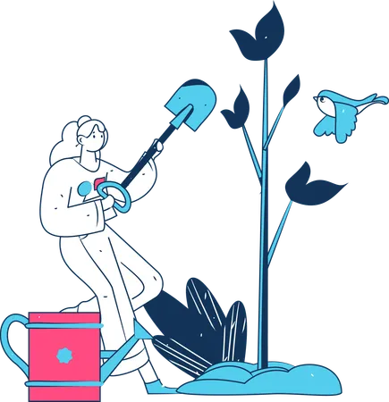 Woman planting plant while holding shovel  Illustration