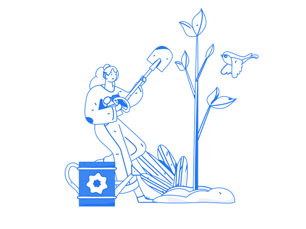 Woman planting plant while holding shovel  Illustration