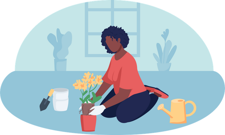 Woman planting tree in house  Illustration