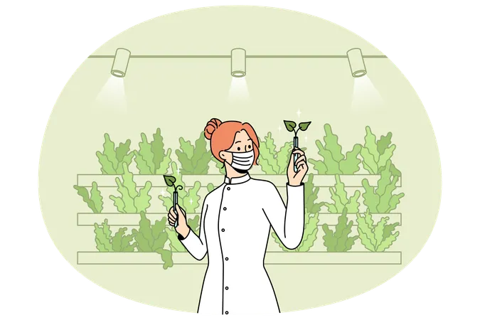 Woman planting vegetables with aquaponics system at eco farm.  Illustration