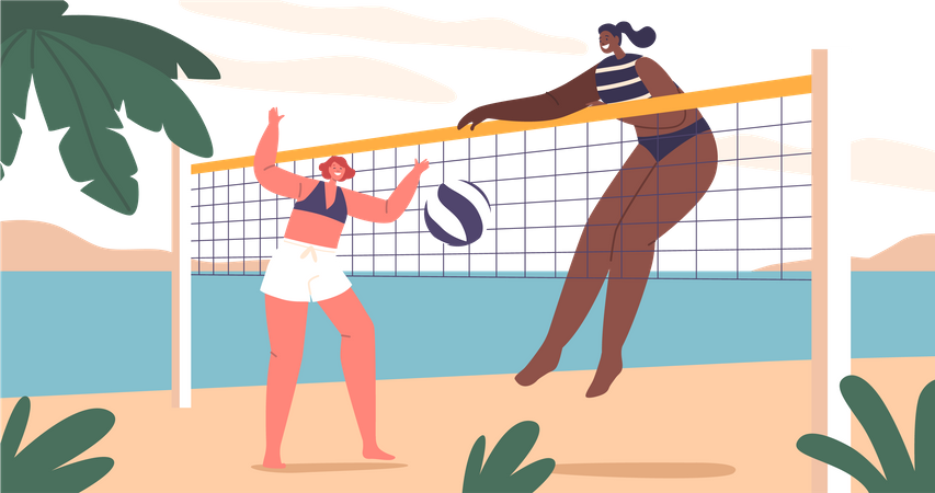 Woman play beach volleyball on Sandy shores  Illustration