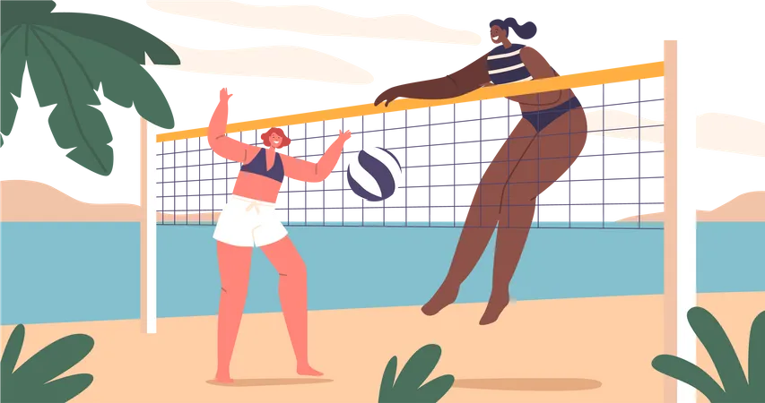 Female Characters Play Beach Volleyball On Sandy Shores Teams Of Two Players Aim To Score Points By Hitting A Ball Over The Net Without Letting It Touch The Ground Cartoon People Vector Illustration Illustration
