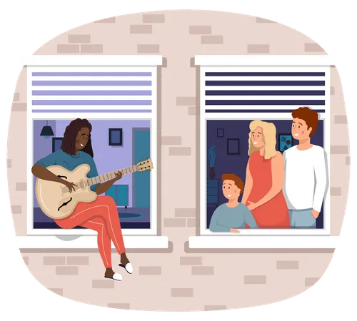 Woman Playing A Guitar and family enjoying  Illustration