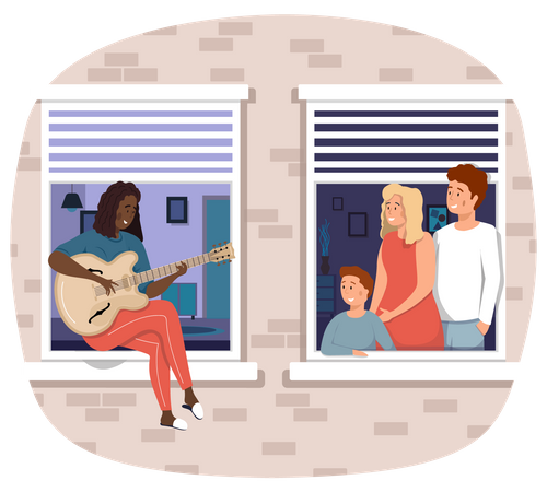 Woman Playing A Guitar and family enjoying  Illustration