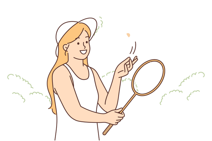Woman playing badminton holding racket and throwing up shuttlecock standing on court in park  Illustration