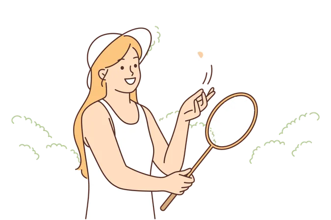 Woman Playing Badminton Holding Racket And Throwing Up Shuttlecock Standing On Court In Park Girl Fan Of Playing Badminton Outdoors And Is Training Before Participating In Professional Tournament Illustration