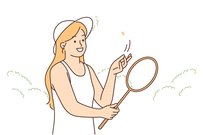 Woman playing badminton holding racket and throwing up shuttlecock standing on court in park  Illustration