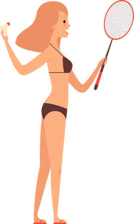 Woman playing badminton on beach  Illustration