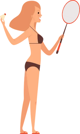 Woman playing badminton on beach  Illustration