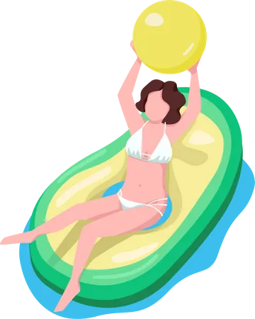 Woman Playing Ball On Water Semi Flat Color Vector Character Sitting Figure Full Body Person On White Air Mattress Activity Simple Cartoon Style Illustration For Web Graphic Design And Animation Illustration