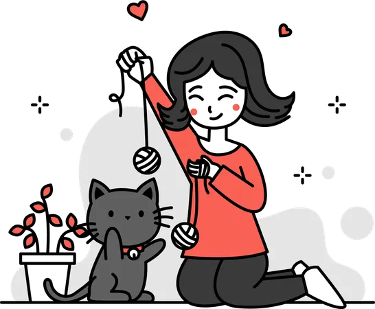 These Charming Flat Illustrations Exude A Sense Of Joy Love And The Unique Bond Between Pet Owners And Their Beloved Animal Companions Its An Illustration Woman Playing Ball Of Yarn With A Cat With The Visuals That Come From Being A Pet Lover We Represent Healthy Living In A Very Fun Way Illustration