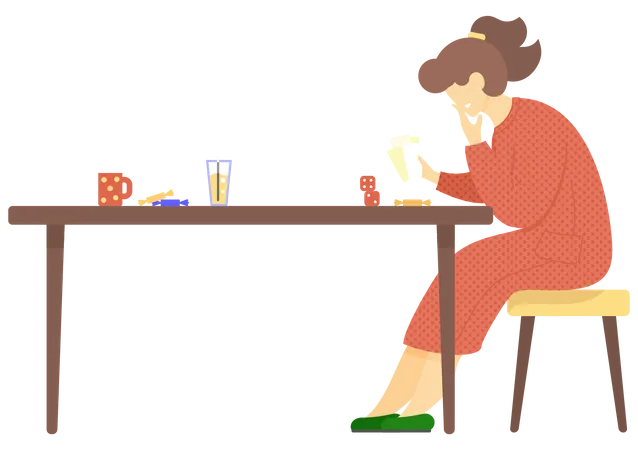 Woman Holds Cards Sits On Chair At Table With Sweets Cup Glass Of Juice And Dice Female Smiles Plays Board Game Alone Lady Has Interesting Hobby Person Resting And Spending Time With Card Game Illustration