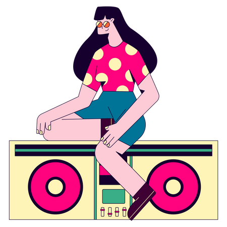 Woman playing DJ at a music party  Illustration