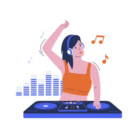 Flat Design Of Woman Playing Dj Music On The Table Cartoon Female With Headphone And Mic Vinyl Night Discotheque Vector Flat Illustration イラスト