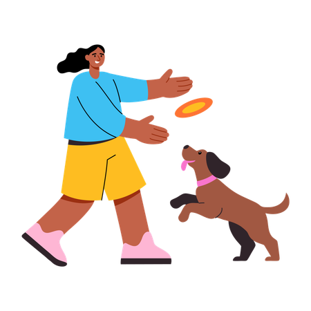 Woman playing frisbee with dog  Illustration