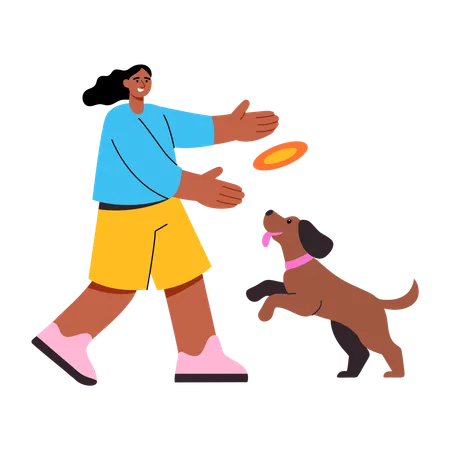 Woman playing frisbee with dog  Illustration