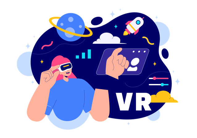 Woman playing games through Virtual Reality Technology  Illustration