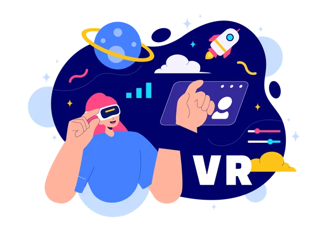 Woman playing games through Virtual Reality Technology  Illustration