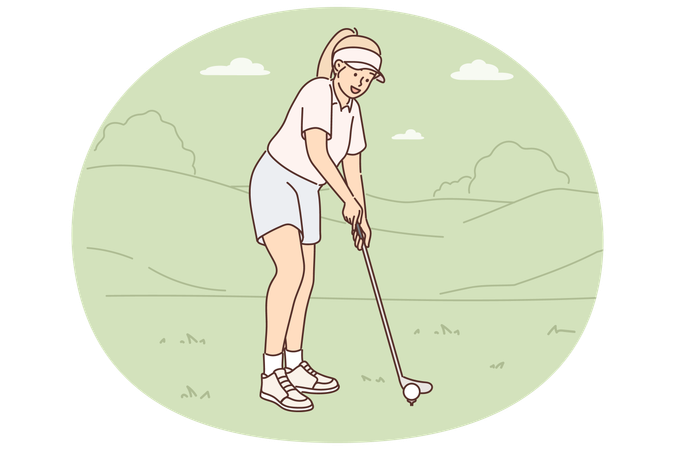 Woman playing golf on green lawn preparing to hit with club to put ball into hole  Illustration