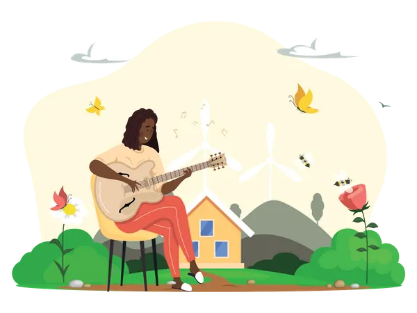 Woman playing guitar and celebrating earth day Illustration
