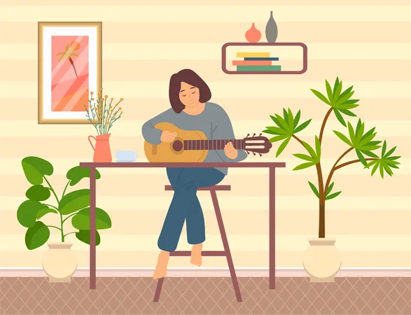 Woman playing guitar at home Illustration