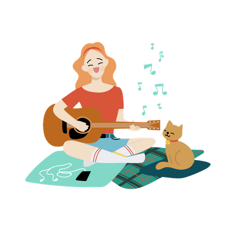 Woman Playing Guitar at home  Illustration