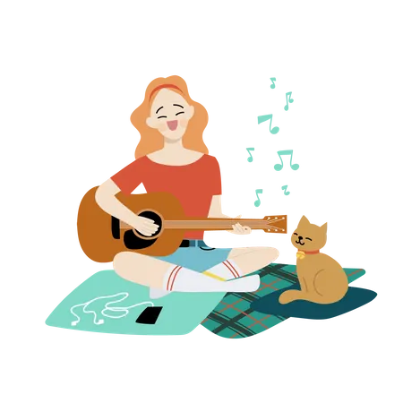 Woman Playing Guitar at home  Illustration