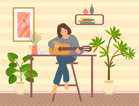 Woman playing guitar at home  イラスト