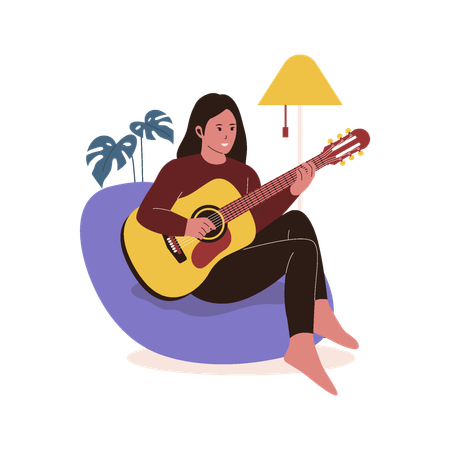 Woman playing guitar at sofa  Illustration