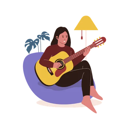 Woman playing guitar at sofa  Illustration