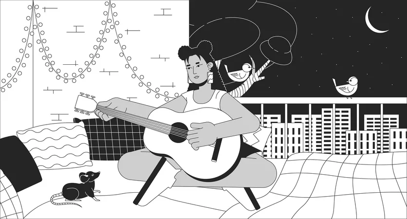 Woman playing guitar on balcony at night  Illustration