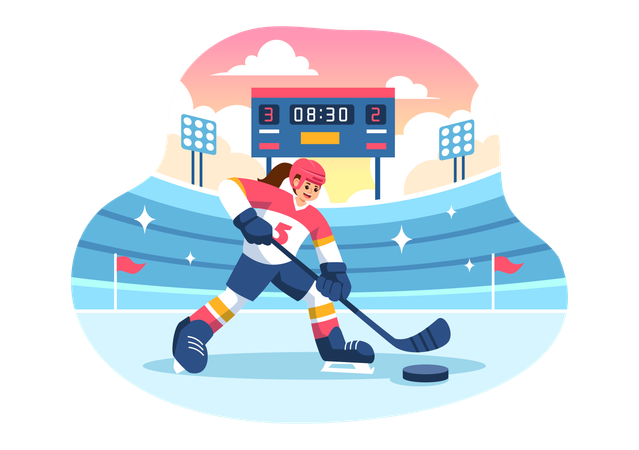 Woman Playing Ice Hockey  Illustration
