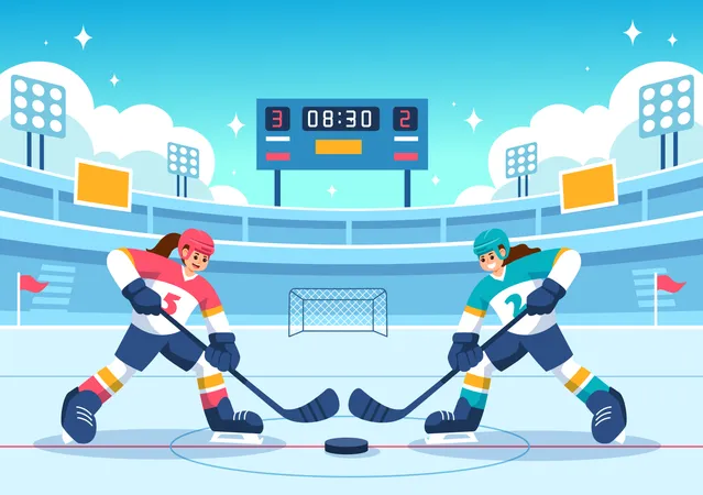 Woman Playing Ice Hockey  Illustration