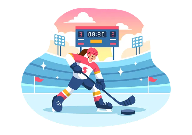 Woman Playing Ice Hockey  Illustration