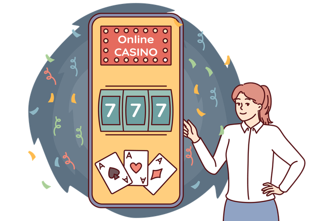 Woman playing online casino on mobile  일러스트레이션