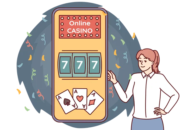Woman Near Phone With Online Casino Offers To Use Gambling Applications With Possibility Of Getting Jackpot Giant Smartphone With Internet Casino Website For Games With Big Cash Prize Illustration