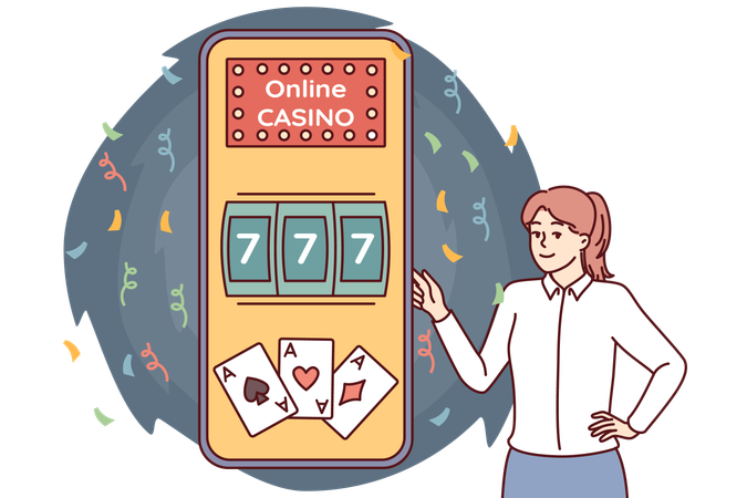 Woman playing online casino on mobile  イラスト