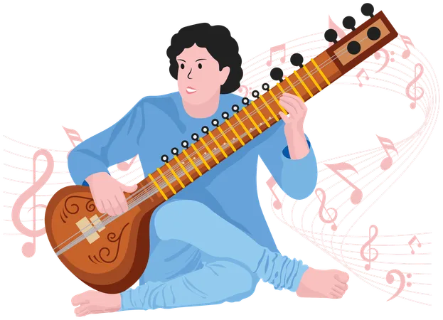 Woman playing sitar  Illustration