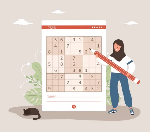 Woman playing Sudoku game  Illustration