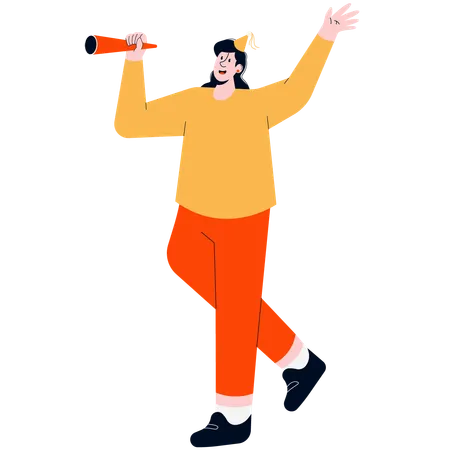 Woman Playing Trumpet on New Year's Eve  Illustration
