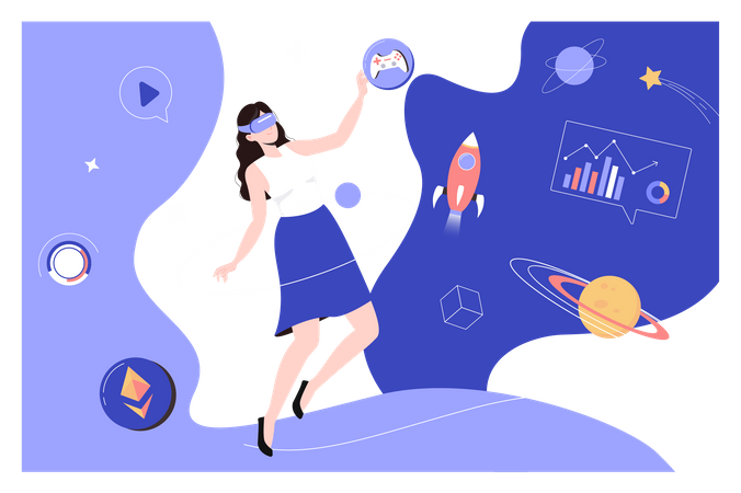 Woman playing video game with planets Illustration