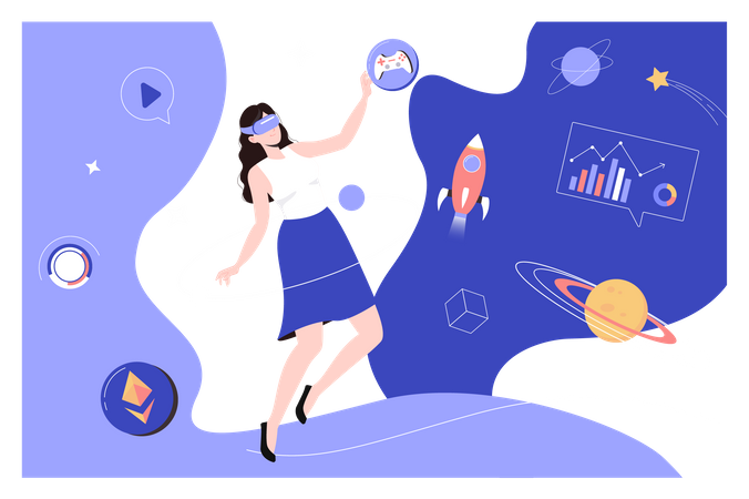 Woman playing video game with planets  Illustration