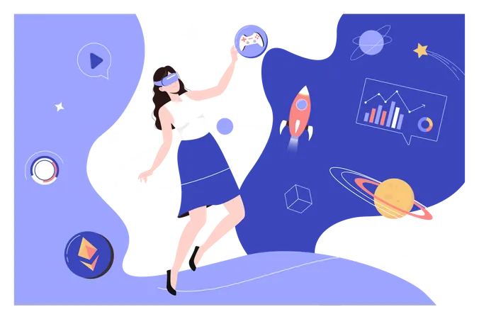 Woman playing video game with planets  Illustration