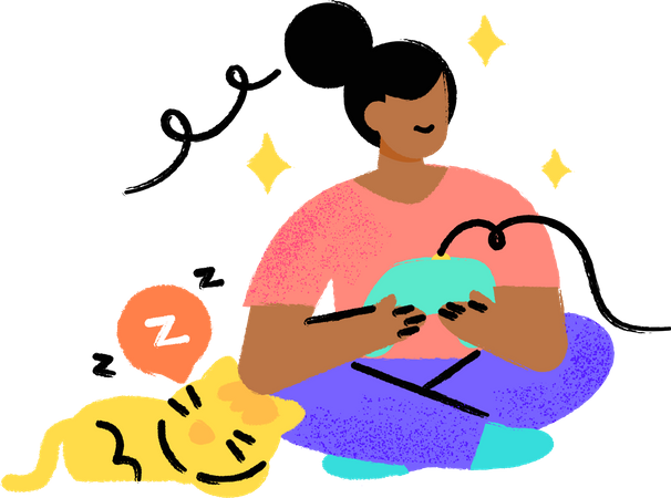 Woman playing video games while her cat is sleeping Illustration